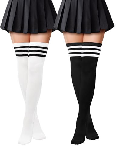 Kiiwah 2 Paar Damen Klassisch und Stilvoll Overknees Strümpfe Weich Thigh High Socks Overknee Socken Lange Gestreifte Socken Damen für den Alltag Sport Cosplay, Schwarz,Weiß, Einheitsgröße