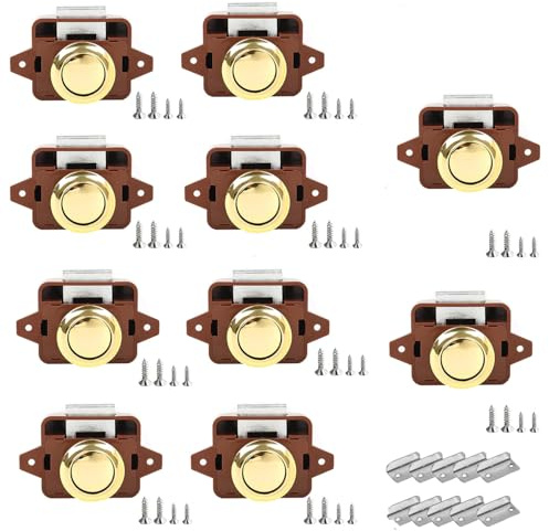 TOOSOAR 10 Stück Push Button Catch Door Lock,Door Lock Verriegelung 14-16mm Möbelschloss,Keyless Wohnmobil Verriegelung für Wohnmobile, Yachten, Boote, RV Camping Schrank, Wohnwagen(bräunlich-gold)