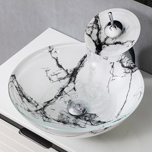 Lavandino da appoggio in vetro temperato per bagno, effetto marmo finto, con rubinetto a cascata e kit di scarico, per residenze/hotel/case vacanze, superficie antigraffio per una maggiore durata