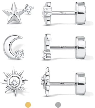 Dochais 3 Pares Pendientes Plata de ley 925 para Mujer y Hombre Hipoalergénicos Oro 14K Zirconia Luna Estrellas Sol Cartílago Helix Tragus Daith Piercing Set Plata