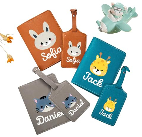 Reisepasshülle und Gepäckanhänger, personalisierbar, Cartoon-Tier-Leder, für Kinder, Reisepasshülle, wasserdicht, niedlicher Reisepasshalter für Reisen, Jungen, Mädchen, Reisezubehör, mehrfarbig, 11 x
