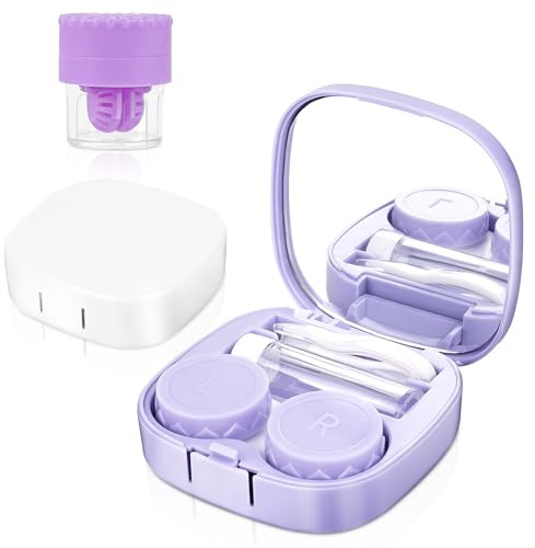 ReignSword 2 Pack Contact Lens Case with Manual Cleaner, Portable Travel Contact Cases Kit with Mirror for Daily & Outdoor Use, Includes Solution Bottle Tweezers Cleaning Tool (White & Purple)