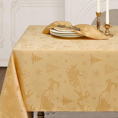 Romanstile kleine Weihnachten Tischdecke Mitteldecke 100 x 100 cm Gold abwaschbar & wasserabweisend,Jacquard Rentier & Weihnachtsbaum,quadratisch Mitteldecke Table Cloth für Couchtisch,Ferien,Geschenk