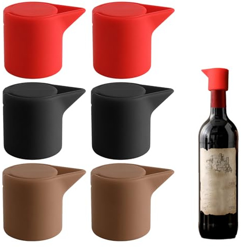 6er Set Wein- & Champagner-Stopfen - Auslaufsicher, Universal für Flaschen, 3 Farben (Rot/Braun/Schwarz), Dichtungsring aus Silikon