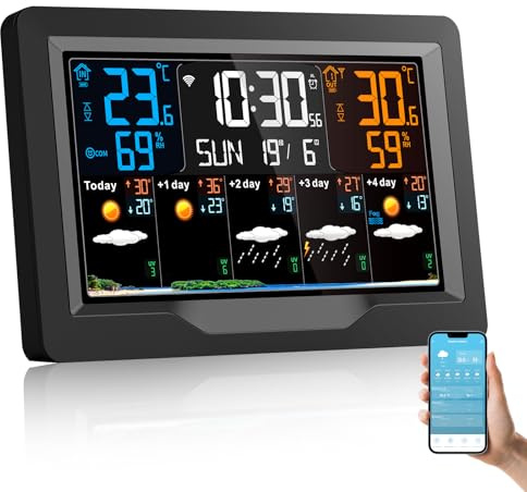 Regevo Estación Meteorológica Inalámbrica con Sensor Exterior, WIFI Estación Meteorológica Digital con Termómetro, Higrómetro Interior/Exterior, Pronóstico del Tiempo, Alarma del Temperatura Max/Min