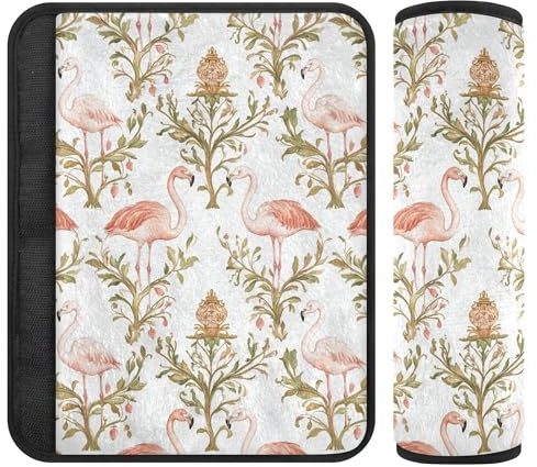 2 cuscinetti per cintura di sicurezza per auto, con fenicottero, per ridurre lo stress, per spalle e zaini per ragazzi e ragazze, colore: bianco