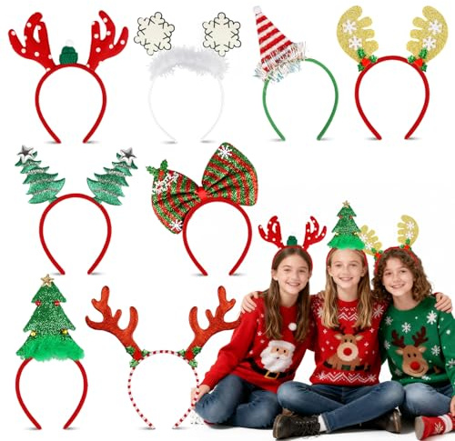 Huanmin 8 Stück Haarreifen Weihnachten, Weihnachts Haarreif, Weihnachts Haarreif Weihnachten für Kinder/Erwachsene, Rentier, Weihnachtsbaum, Schneeflocken für Weihnachtsfeier Kostüm Party