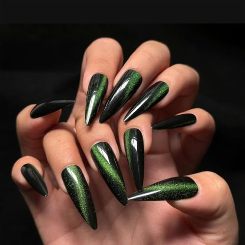 Clawrex Cat Eye Press on Nails lång stilett, 24 stycken gröna almonnaglar för limning, full täckning naglar med nagellim, mjuk gel falska naglar för kvinnor, konstgjord konstgjord nagelkonst
