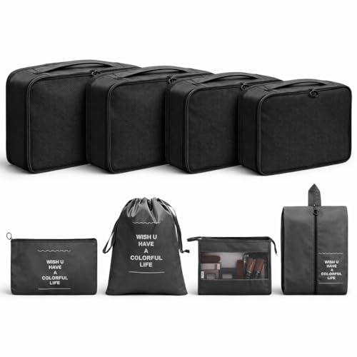 Koffer Organizer 8er Set - Kofferorganizer mit Kosmetiktasche und Packtaschen für Reisen als Kleidertasche Packwürfel (Schwarz)