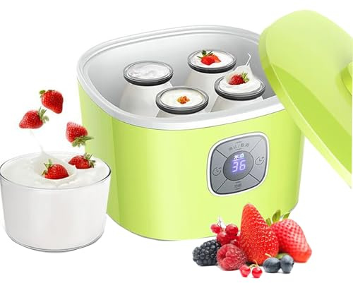 Probiotic Yogurt Maker with Adjustable Time&Temp Control, Automatic Digital Yoghurt Maker Machine with 1.L 304 Stainless Steel Inner Pot and 4 Portable Cups, for Fresh, Healthy Home Green Smart Model
