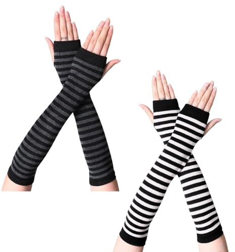 CERCTLA 2 Paar Lange Armstulpen, Frauen Fingerlose handschuhe gestreift, Thermo Gestrickte Fingerlose Handschuhe Warm Winterhandschuhe für Frauen Ärmel Arm Warmers Herbst Winter Zubehör