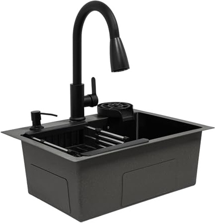 50 x 40 x 20cm Spülbecken Edelstahl Küchenspülen 1 Becke Waschbecken küche Einbauspüle mit 360° drehbarer Wasserhahn,Abtropfkorb,Überlauf Verhindern,Schwarz Eckiges Becken Innengröße 45 x 32cm