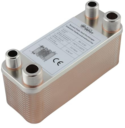 Edelstahl Plattenwärmetauscher B3-12-30 mit 2x 1/2 Zoll & 2x 3/4 Zoll Anschluss – max. 65 kW, 4 m³/h Durchfluss für Heizung, Solar, Wärmepumpe