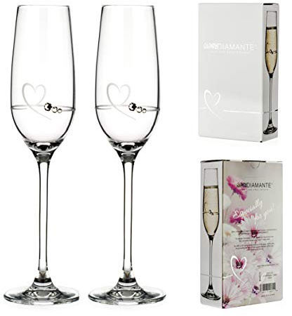 DIAMANTE Paire de flûtes de Saint-Valentin en forme de cœur, ornées de cristaux décoratifs