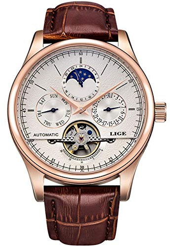 Montres Homme,Montre Mécanique Automatique d'hommes De Sport en Cuir De De Mode Mécanique De Tourbillon, Blanc d'or