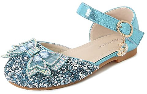 Monissy Reine des Neiges Princesse Elsa Fille Ballerines Tête Rond Noeuds Paillettes Sandales Lanière Cheville Sratch Boucle Lune Etoile Semelle Souple Noël,Bleu,24