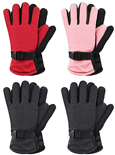 Hicarer 4 Pairs Winter Gloves for Kids Waterproof Snow Ski Gloves Girls Boys Warm Unisex Youth Clothes for Cold Weather(Red, Pink, Black, Black,4-8 Years Old)