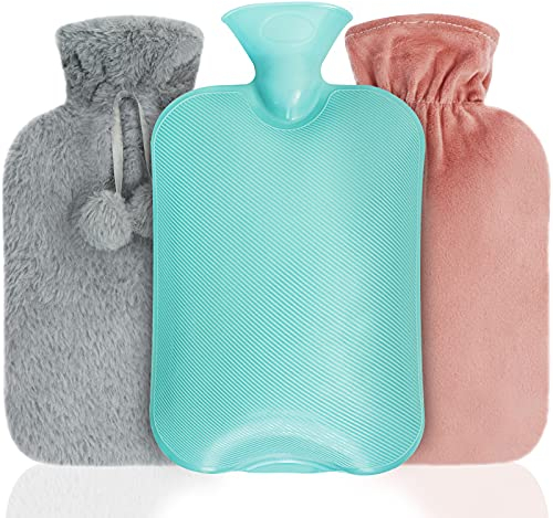 Wärmflasche, 2L Wärmflasche mit Bezug und 2 Soft Plüschbezug, Sicher und Langlebig xxl Wärmflasche Groß für Kinder & Erwachsene, Wärmflaschen für Lindert Schmerz, Bauchschmerzen, Krämpfe (Grau, Rosa)