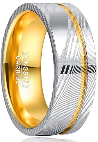 NUNCAD Bague Homme en Acier Damas et Tungstène, Anneau Large 10mm, Argent avec Rainure Dorée, pour Fiançailles Anniversaire, Taille 67,2