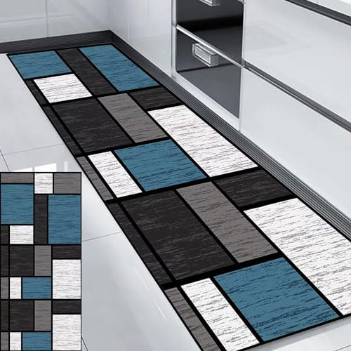 HUAXIQUE Teppich für Küche Waschbarer Geometrische Muster Kitchen Mats and Rugs Grau Blau Teppich Läufer für Wohnzimmer Flur Büro Schlafzimmer Küche 70x140cm Stil B