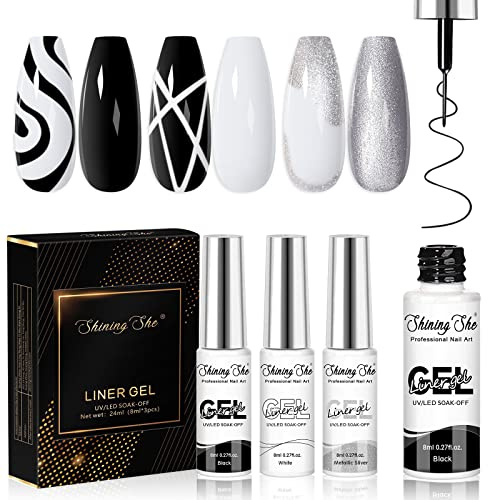 Shining She Gel Liner Nagellack Set - 3 Farben Schwarz Silber Weiß für UV Nail Art Drawing Lines - Soak-Off UV Gel Polish für Anfänger DIY, 8ML