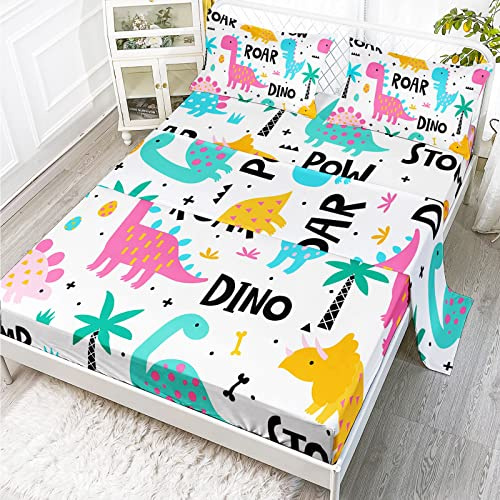 Axolotl Cute Cartoon Dinosaur Sheet Set Twin Size for Girls,Colorful Dino Bedding Set,4Pcs Kawaii Dinosaur Bed Sets with 1 Fitted Sheet 1 Flat Sheet 2 Pillowcases for Teens Kids Boys Adults