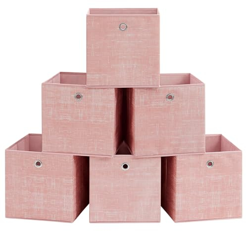 SONGMICS Scatole Portaoggetti, Set di 6 Contenitori in Tessuto Non Tessuto con Manico, 30 x 30 x 30 cm, Unità di Organizzazione, per Scaffale, Pieghevoli, Porta Abiti, Rosa Gelatina RFB006R01