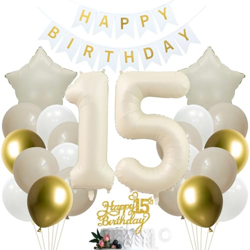 SNOWZAN 15. Geburtstag Deko für Mädchen und Jungen - Weiß Gold Party Set mit Kuchen Topper - 15th Birthday Decorations für 15 Jahre Geburtstagsdeko