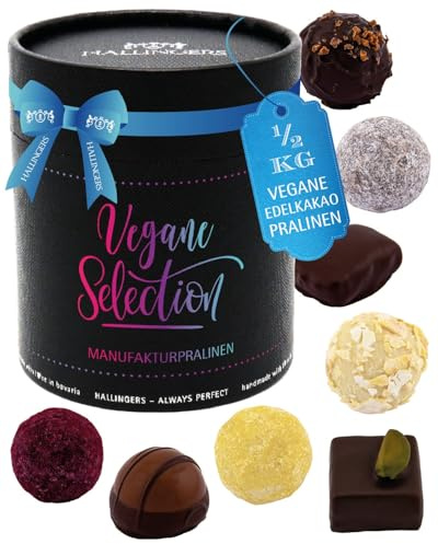 Hallingers Genuss Manufaktur Vegane Pralinen Geschenk - mit & ohne Alkohol, handmade aus Confiserie-Edelkakao in wertiger XXL-Geschenkdose Vegane Selection, Geschenkidee für Frauen Männer