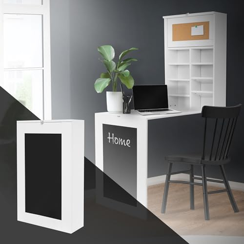 ML-Design Fällbart Väggbord, Vitt, Tillverkat Av MDF, Fällbart Väggbord Med Svart Tavla, 8 Fack Och Anslagstavla, Fällbart Skrivbord, Fällbart Bord Väggmontering Fällbart Skrivbord Matbord Laptopbord