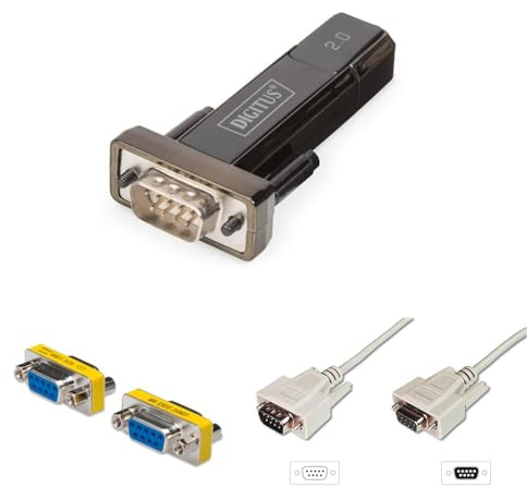 DIGITUS Set: USB to Serial Adapter - RS232 Converter - USB 2.0 Type-A to DSUB 9M - FTDI FT232RL Chipset - 80 cm Cable Included - with Gender-Changer D-Sub 9 & 3 m D-Sub 9 Extension Cable