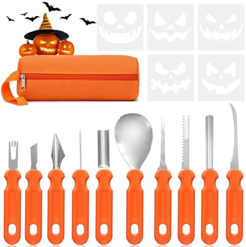 10-Teiliges Kürbis Schnitzset, Halloween Kürbisschnitzwerkzeuge, Schnitzwerkzeug Kürbis, Kürbis Schnitzen Werkzeug mit Tragetasche & 5 Schablonen für Kinder und Erwachsene für Halloween Kürbis Deko
