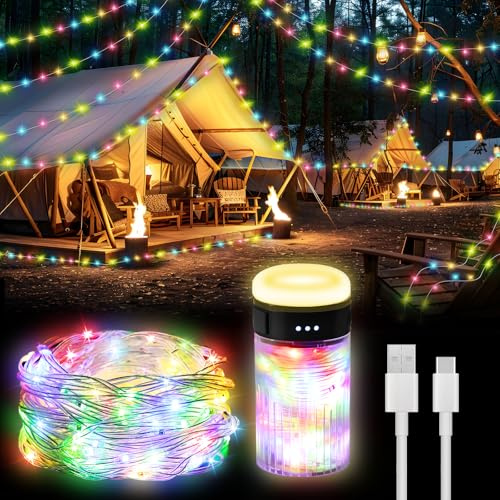 XRDZYXGS Camping String Lights, 32.8Ft Christmas Fairy Lights Gifts Portable String Lights, USB Rechargeable Camping Lights Reel, Adjustable Brightness, for Room, Party, Christmas (Coloured)
