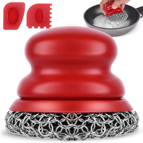 Onewly Cast Iron Scrubber and Scraper, Chain Mail Scrubber Cast Iron for Cleaning Dishes, Stock Pots, Pans, Griddles, Grills, Cast Iron Skillets, Dish Scouring Pads (Red Coarse Mesh)