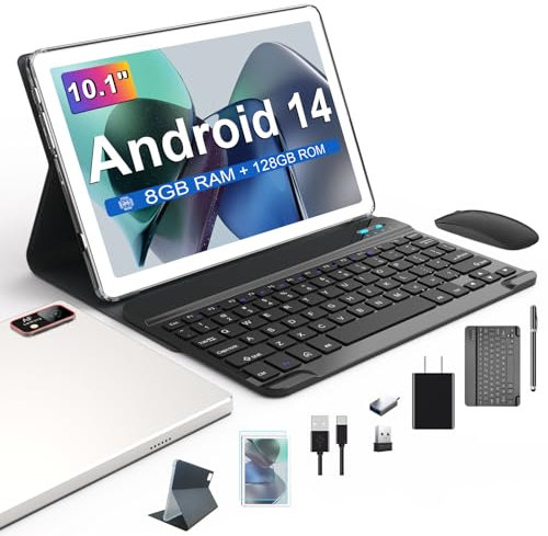 Tablet 10 Zoll | 8GB + 128 GB Speicherplatz(1TB TF) | 5G Wi-Fi Android-Tablet | Octa-Core | 1280*800 | 7000mAh | 13MP+8MP | Face ID | Android 14 Tablet PC mit Hülle Tastatur Maus Stift | Silber