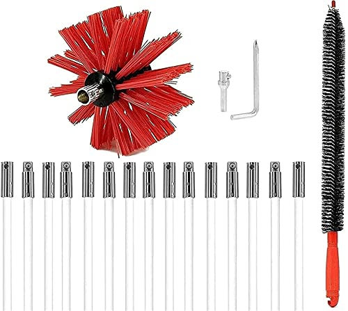 HANFEN Chimney Sweeping Brush, Chimney Cleaning Brush Kit, Sweep Sweeping Brush Drain Rod Set Cleaning Tool Accessory Includes 6/9/12/15/18 Flexible Rods Chimney Sweep Kit(15 Rods,410mm)