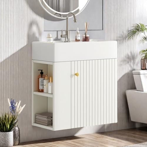 YLSZHY Mobile da bagno sospeso da 55 cm, con lavello in ceramica, moderno mobile da parete con anta scanalata e ripiano aperto, per casa, bagno, piccolo spazio, senza rubinetto (bianco)