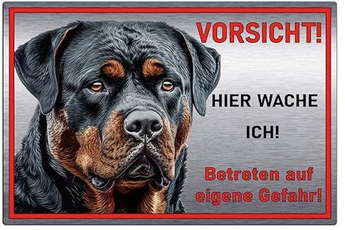 Schild Hundeschild Vorsicht Hier wache ich - Betreten auf eigene Gefahr! Achtung - Warnschild Silber gebürstet - Warnung vor dem Hund - Rottweiler M2 (Silber, 22,5x15 cm)
