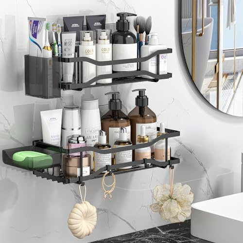 ADOV Lot de 2 paniers de douche rectangulaires en acier inoxydable avec adhésif, sans perçage, étagères de salle de bain avec crochets, étagère de rangement rectangulaire pour shampoing, savon