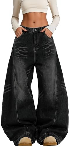 Hugboom Baggy Jeans for Women Men Wide Leg Barrel Jeans High Waist Denim Pants for Woman Goth Streetwear Clothes Black-M