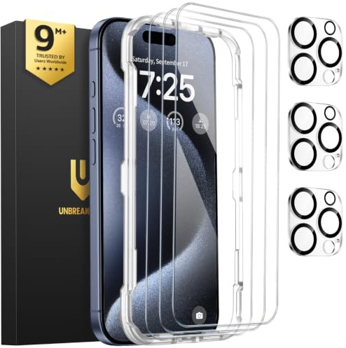 UNBREAKcable iPhone 15 Pro Screen Protector & Camera Lens Protector | Upgraded Dual-Tempered Glass with Military-Grade 9H Hardness, 3-Pack,HD Clarity, Anti-Fingerprint, Case Friendly, Fits 6.1''