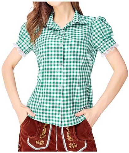 Chemise à carreaux pour femme de style bavarois 2025 Oktoberfest - Chemisier traditionnel allemand à carreaux pour festivals - Chemise fine