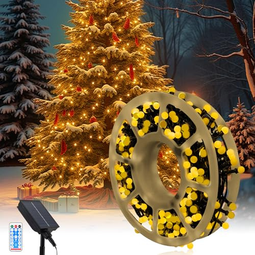 Luci di Natale Solari, 13M 300LEDs Luci a Sfera Esterno Impermeabili con 8 Modalità, Striscia Luminosa Portatile e Ripiegabile per Decorazioni da Appendere All'albero di Natale Feste Giardino Veranda