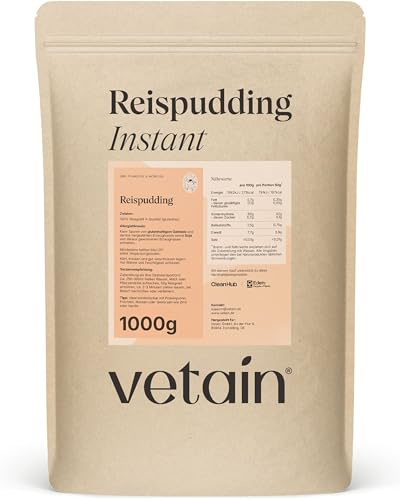 VETAIN Instant Reispudding 1kg - 100 % Reisgrieß - 83 g Kohlenhydrate pro 100 g - geschmacksneutral - Rice Pudding ohne Zusatzstoffe & Zucker - vegan & laktosefrei - produziert in Deutschland