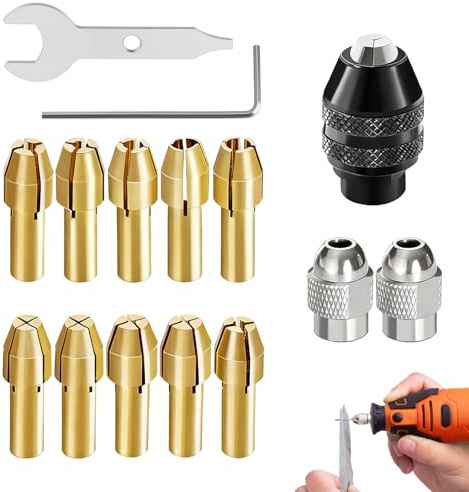 Juego de 15 mandriles para herramientas rotativas, compatible con Dremel. Incluye 10 de latón, 1 universal, 2 tuercas plateadas, llave y llave en L, para herramientas multifunción.