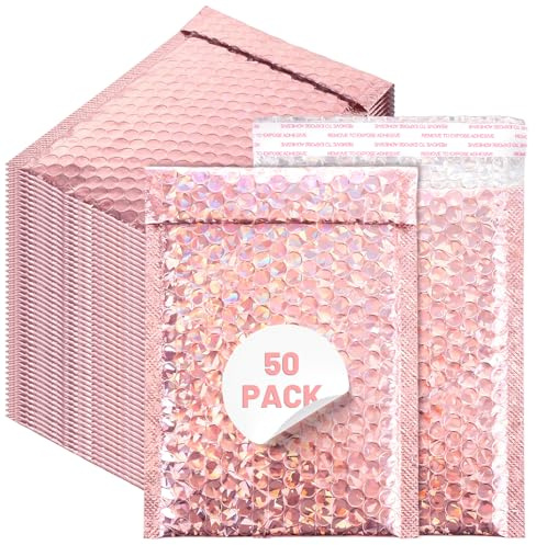 WENLISELL 50 PCS Pink Bubble Mailers, 6x8 Inch Holographic Cushion Envelope | A5 Padded Envelopes, Polymailer Bags, Bubble Lined Wrap, For Mailing Shipping and Packing