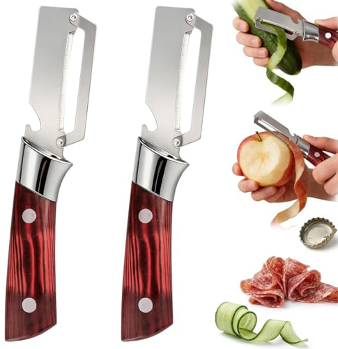 XUZOPIM 2 Pezzi Pelapatate Cucina Professionale Multifunzione 2 In 1 Con Apribottiglie Lame In Acciaio Inox Impugnatura Ergonomica In Legno Sbucciatore Per Frutta E Verdura Utensili Da Cucina