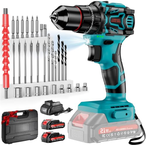 Perceuse Visseuse sans Fil 21V, Cordless Drill | 70 Nm, 2 Batteries 2,0 Ah, 25+3 Niveaux de Couple, 2 Vitesses, Lampe LED, Mandrin 10 mm, pour Réparation et Bricolage