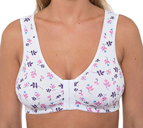 Orchid Womens Stretch Soft Cotton Non Wired Front Fastening Comfortable Bra (48, White Floral)
