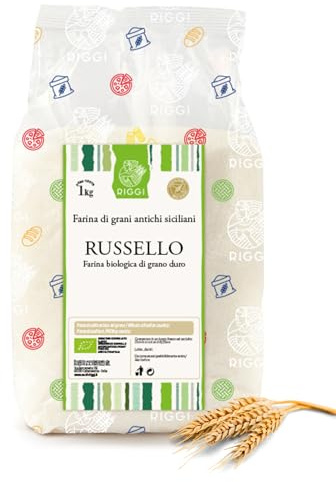 Molini Riggi ® Farina di Grano Russello Siciliano Macinata a Pietra – Grano Antico Duro, Alta Idratazione – Ideale per Pane Casareccio, Pizza in Teglia, Focacce e Biscotti – 1 kg